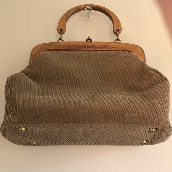 60s Vintage Brown Corduroy Wood Handle Hand Bag - Picture 4 of 4